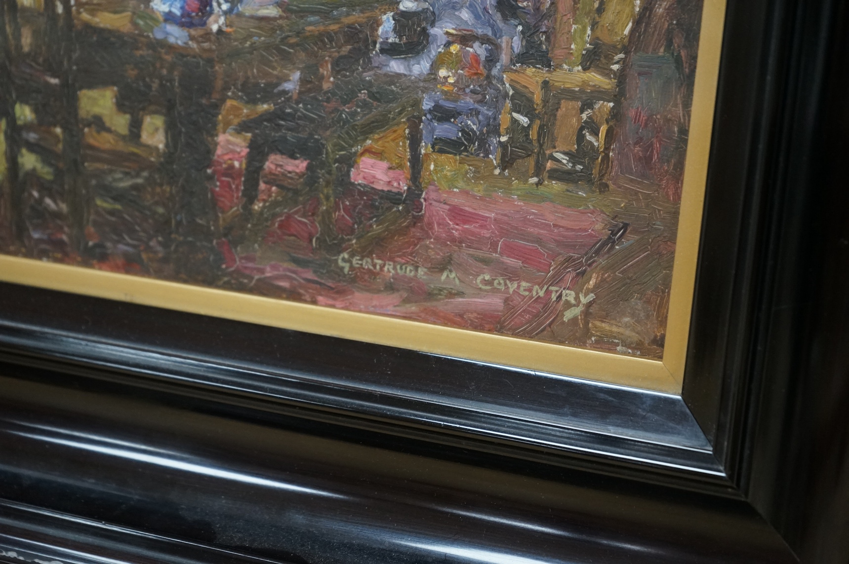 Gertrude Mary Coventry (Scottish 1886-1964), oil on board, Cottage interior, signed, 24 x 30cm, ebonised frame. Condition - craquelure throughout, section of frame broken